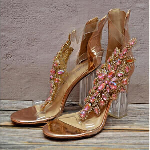 Bella Luna Clear Block Heel Sandals Gold Embellished Rhinestones Size 7.5